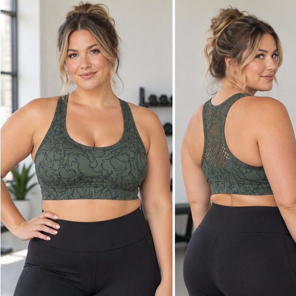 Zyia Active XXL Olive Green Printed Racerback Sports Bra Lace Back Athletic